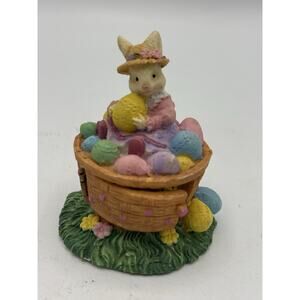 Easter Bunny Resin Figurine Basket Eggs & Chicks ~ 3.5” Tall